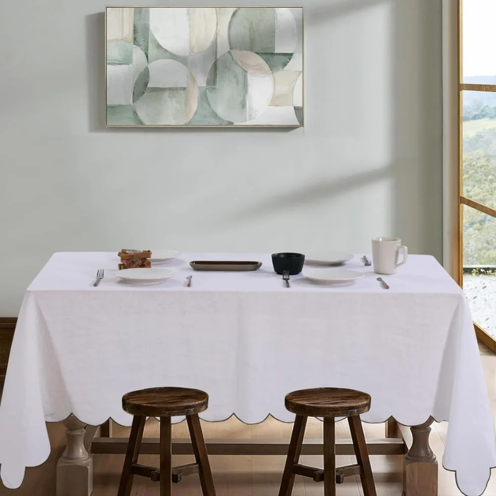 AORISSI 100% Pure Linen Scalloped Embroidery Rectangle Tablecloths 108Lx60W Inch